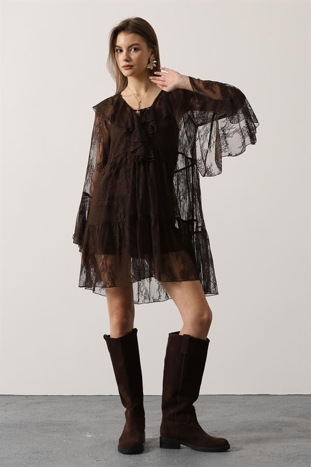 DANTEL ELBİSE - Kahve