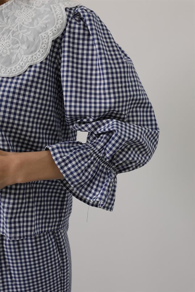 Dantel Yakalı Kare Desenli Takım - Lacivert