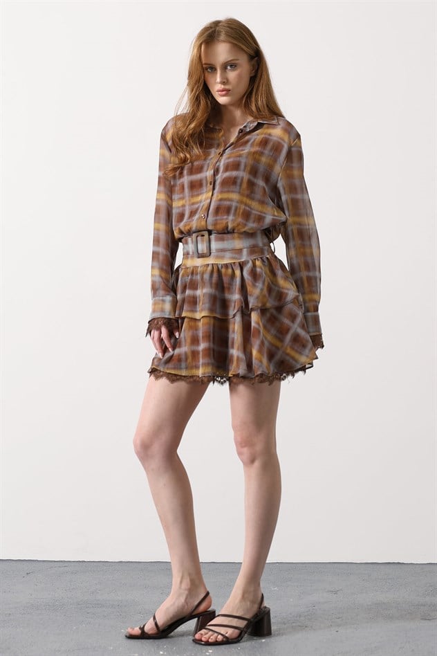 DANTELLİ GOLD KEMERLİ ELBİSE - Kahve