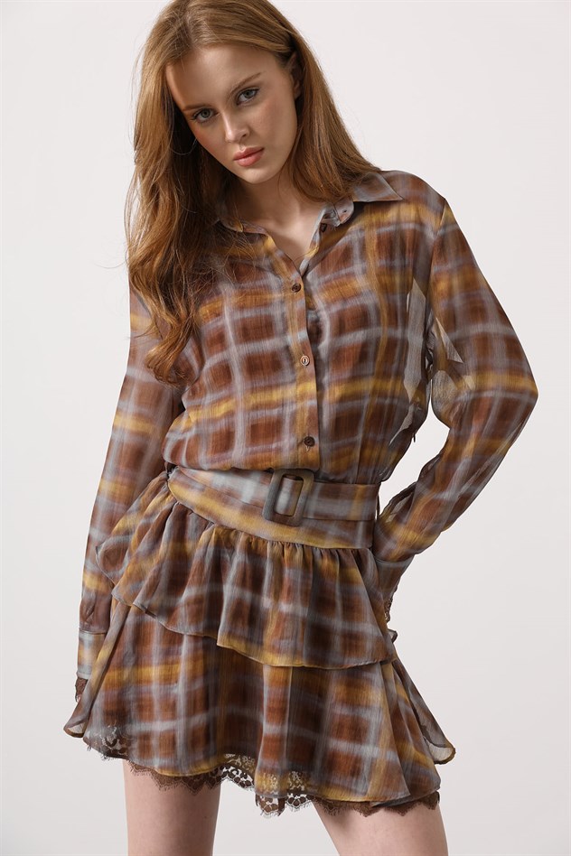 DANTELLİ GOLD KEMERLİ ELBİSE - Kahve