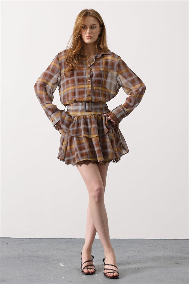 DANTELLİ GOLD KEMERLİ ELBİSE - Kahve