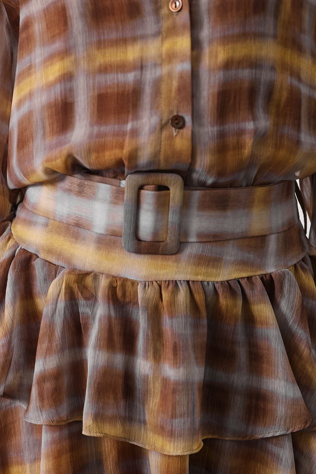 DANTELLİ GOLD KEMERLİ ELBİSE - Kahve