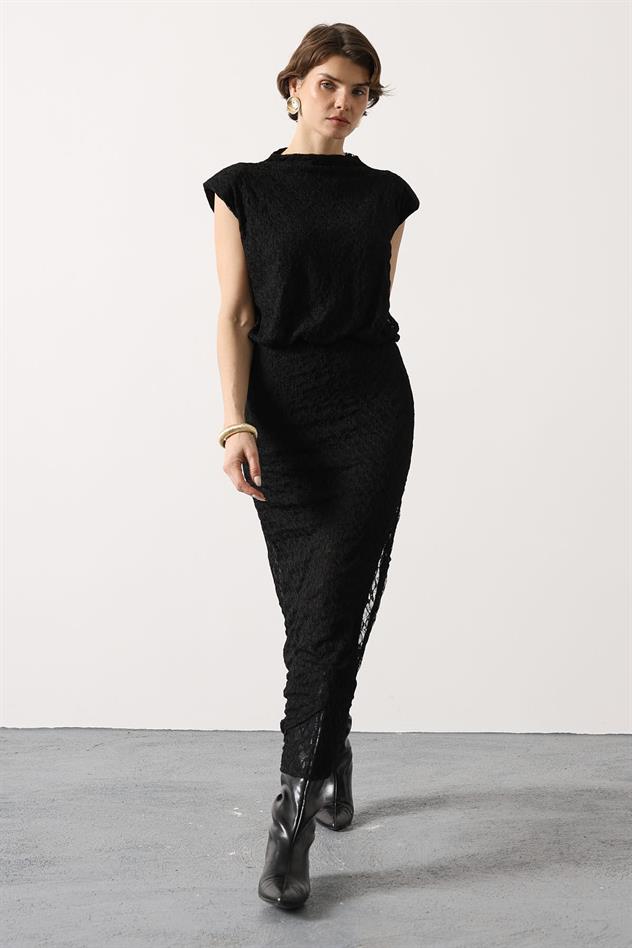 DANTELLİ SIFIR KOL ELBİSE - Siyah