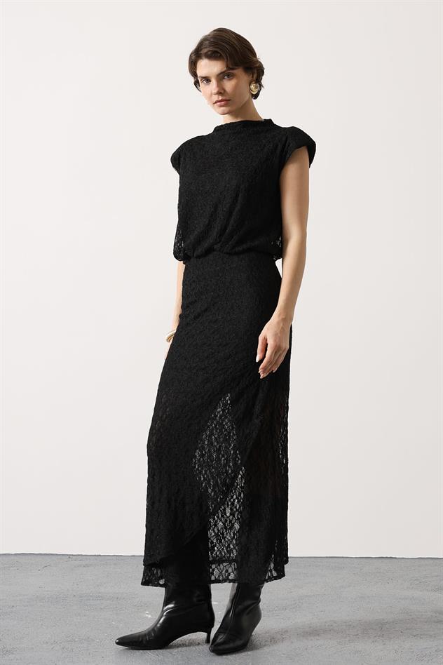 DANTELLİ SIFIR KOL ELBİSE - Siyah