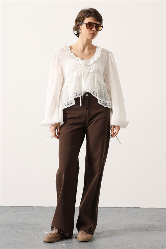 DANTELLİ UZUN KOL BLUZ - Ekru