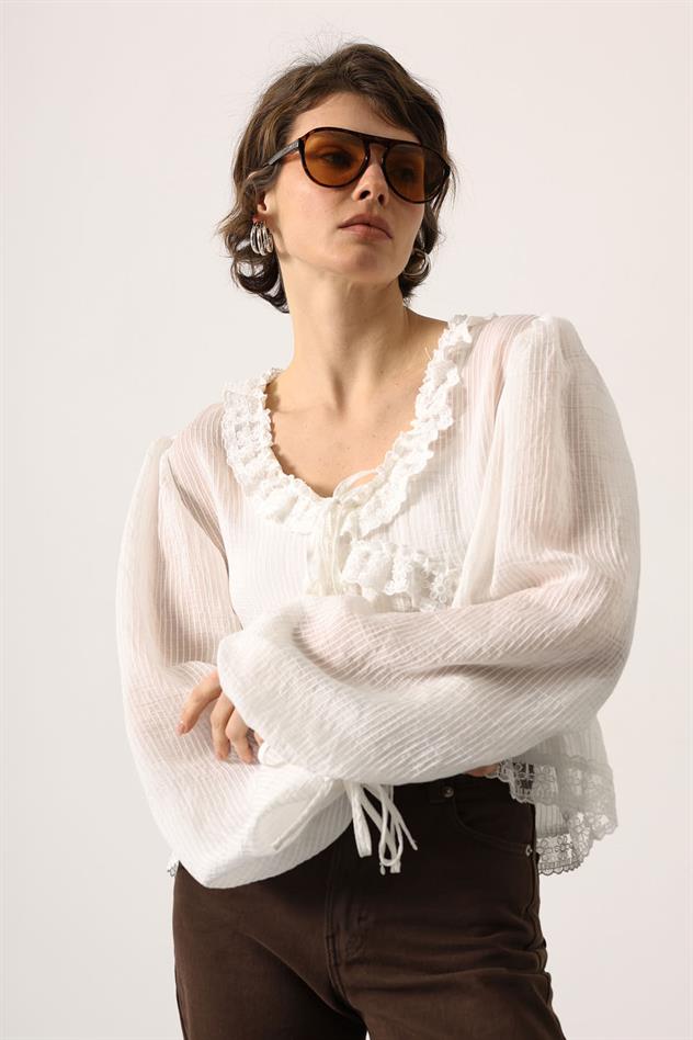 DANTELLİ UZUN KOL BLUZ - Ekru