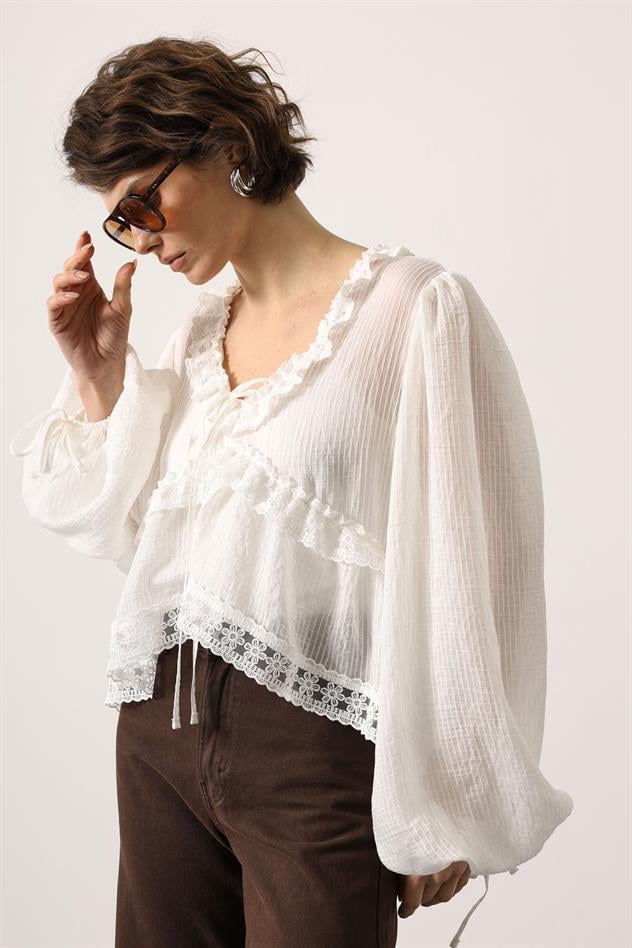 DANTELLİ UZUN KOL BLUZ - Ekru