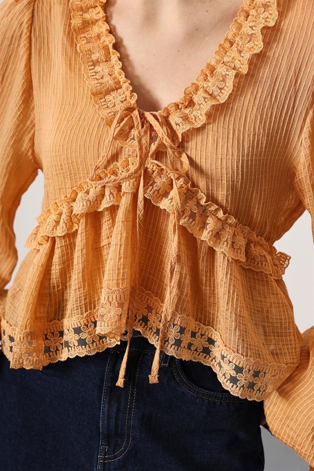 DANTELLİ UZUN KOL BLUZ - Hardal