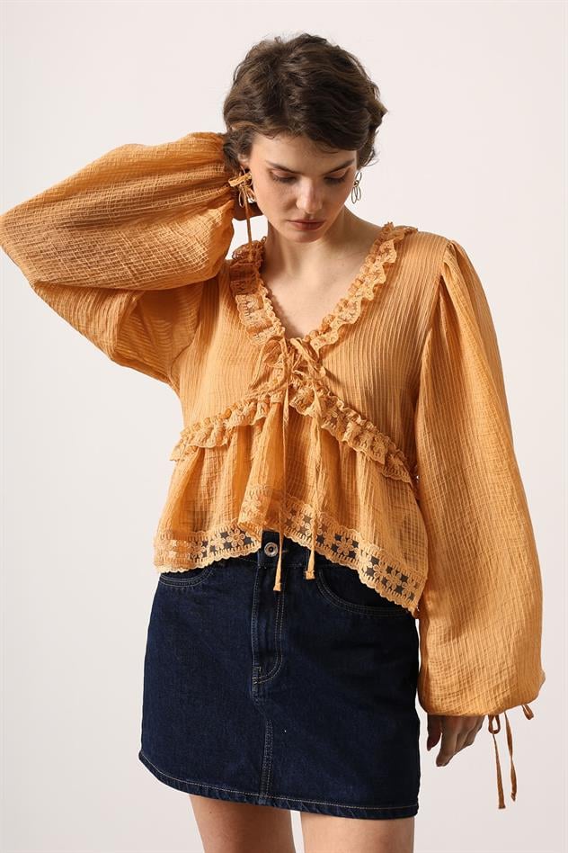 DANTELLİ UZUN KOL BLUZ - Hardal