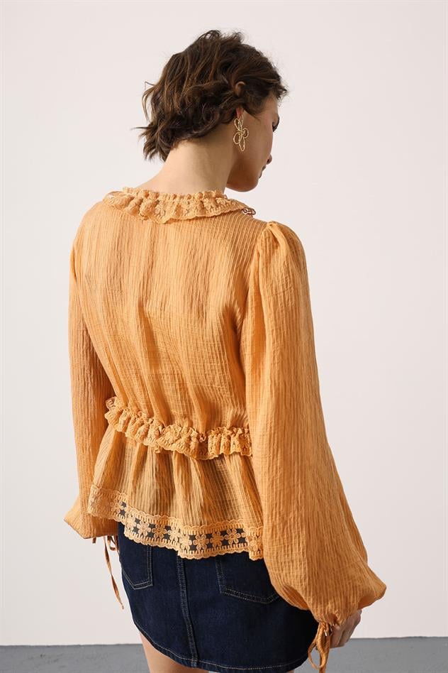 DANTELLİ UZUN KOL BLUZ - Hardal