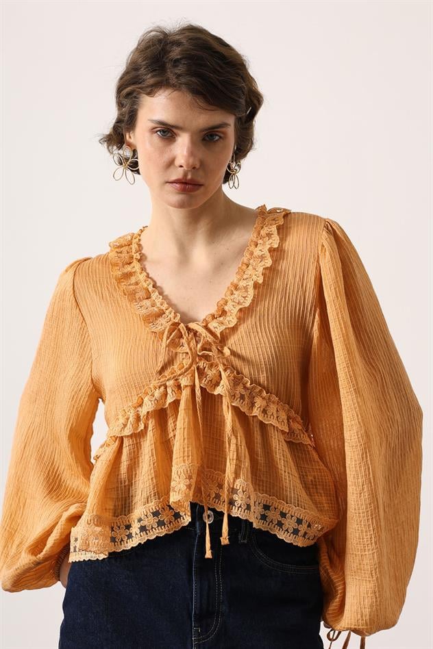 DANTELLİ UZUN KOL BLUZ - Hardal