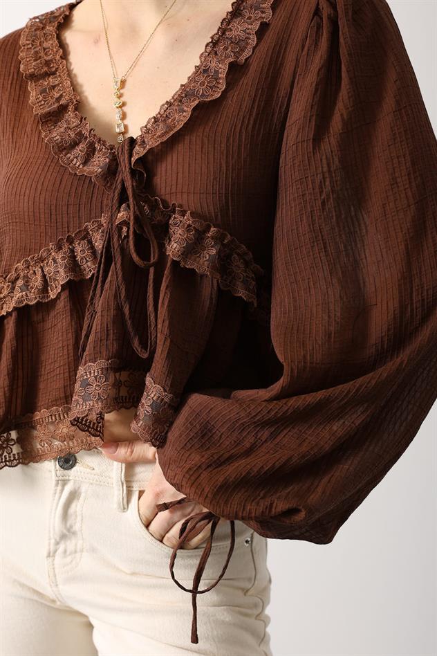 DANTELLİ UZUN KOL BLUZ - Kahve