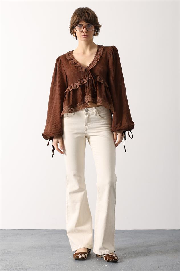 DANTELLİ UZUN KOL BLUZ - Kahve