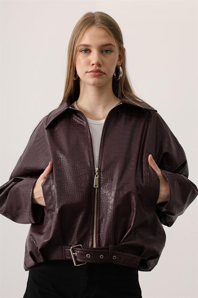 DERİ KEMERLİ BOMBER ÇEKET - Bordo
