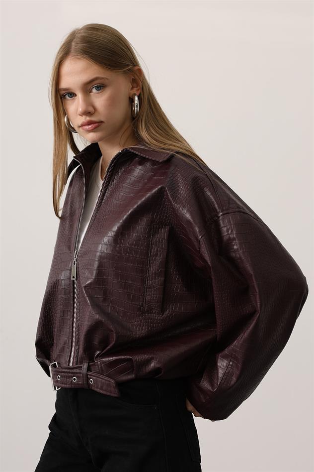 DERİ KEMERLİ BOMBER ÇEKET - Bordo