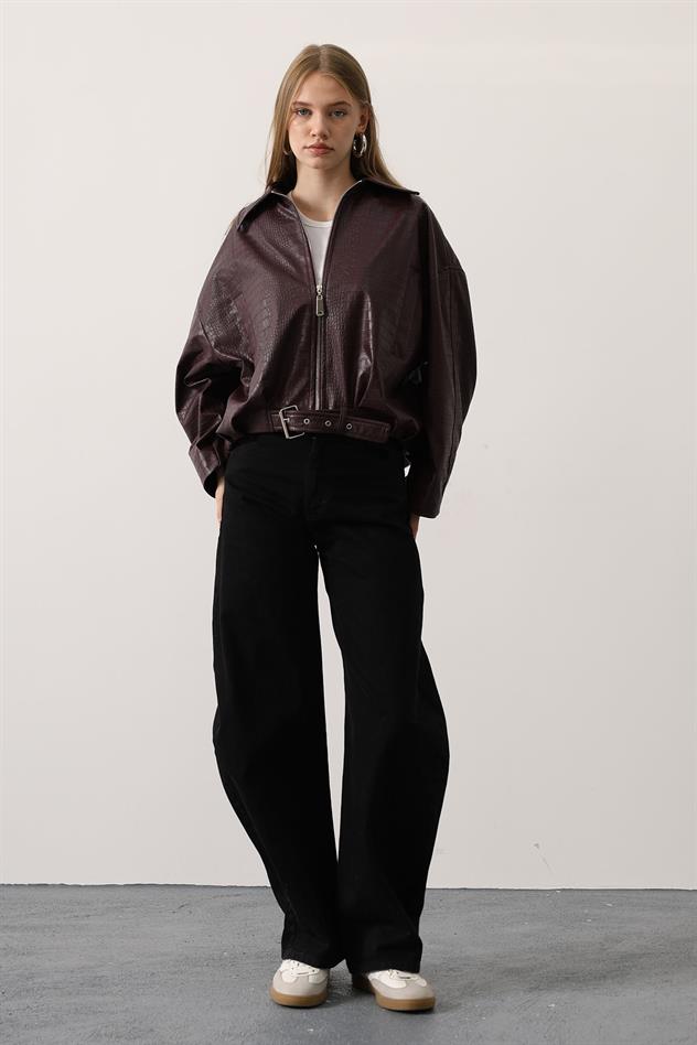 DERİ KEMERLİ BOMBER ÇEKET - Bordo