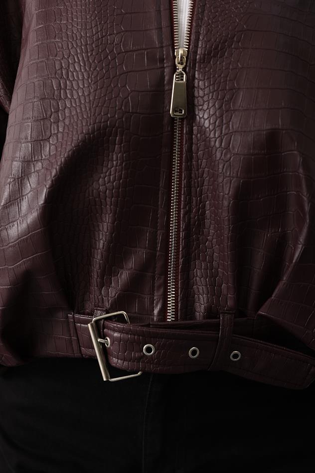 DERİ KEMERLİ BOMBER ÇEKET - Bordo