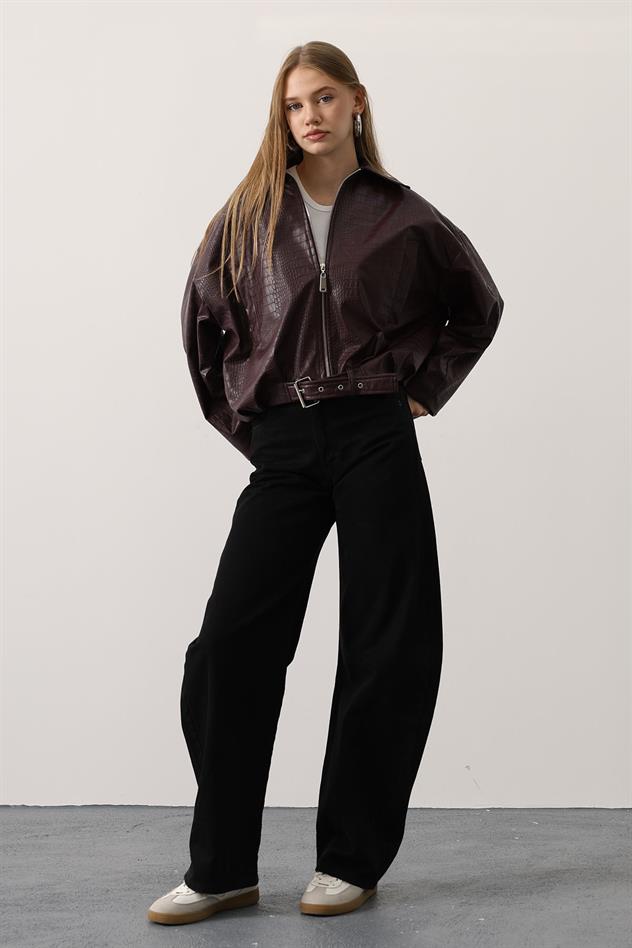 DERİ KEMERLİ BOMBER ÇEKET - Bordo