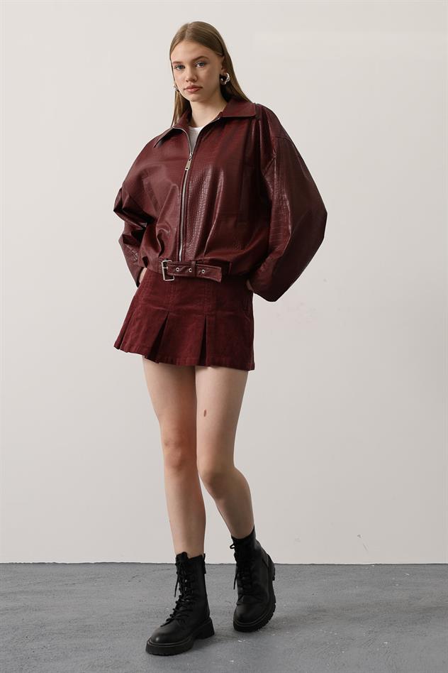 DERİ KEMERLİ BOMBER ÇEKET - Kırmızı