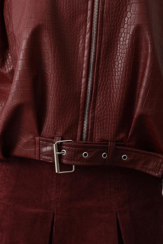 DERİ KEMERLİ BOMBER ÇEKET - Kırmızı