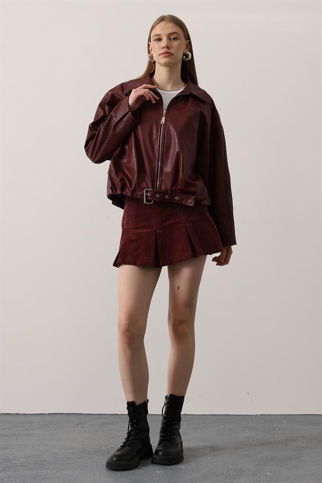 DERİ KEMERLİ BOMBER ÇEKET - Kırmızı