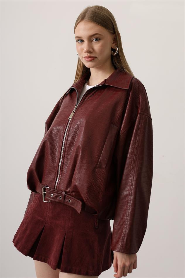 DERİ KEMERLİ BOMBER ÇEKET - Kırmızı