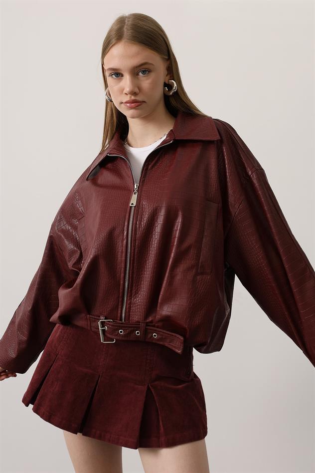 DERİ KEMERLİ BOMBER ÇEKET - Kırmızı