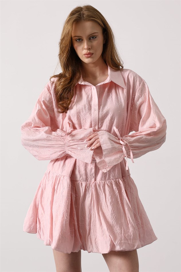 DESENLİ KEMER DETAYLI MİNİ ELBİSE - Pembe