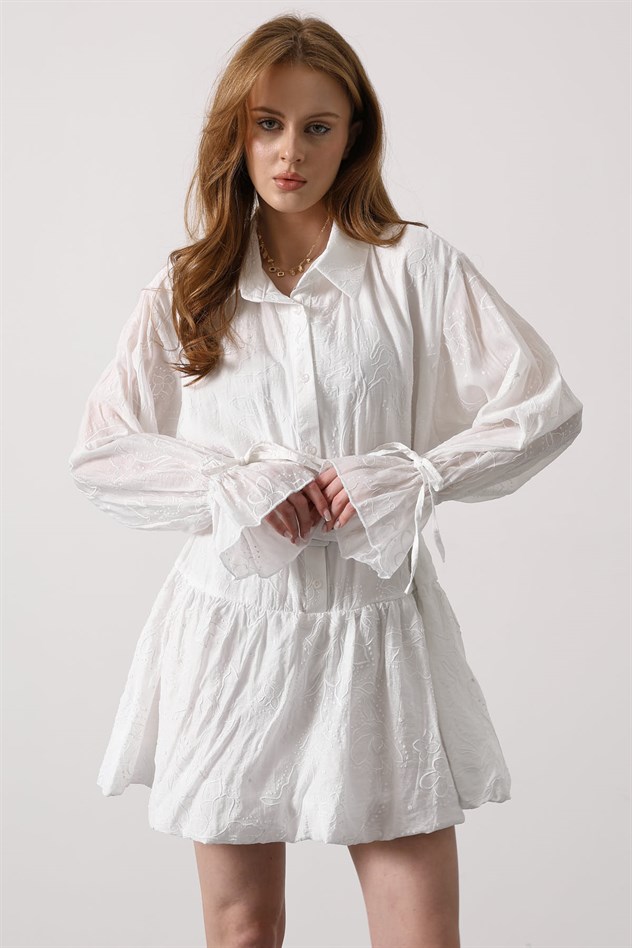 DESENLİ KEMER DETAYLI MİNİ ELBİSE - Beyaz