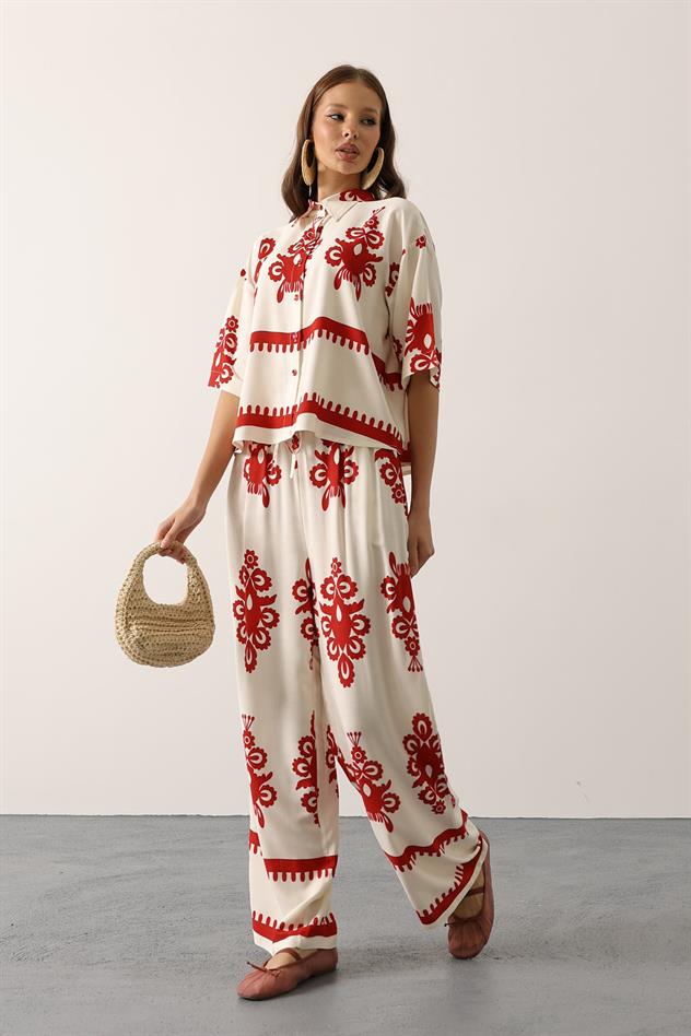 Desenli Kısa Kol Gömlekli Takım - Bordo