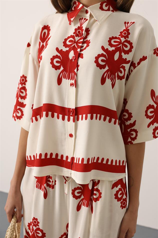 Desenli Kısa Kol Gömlekli Takım - Bordo