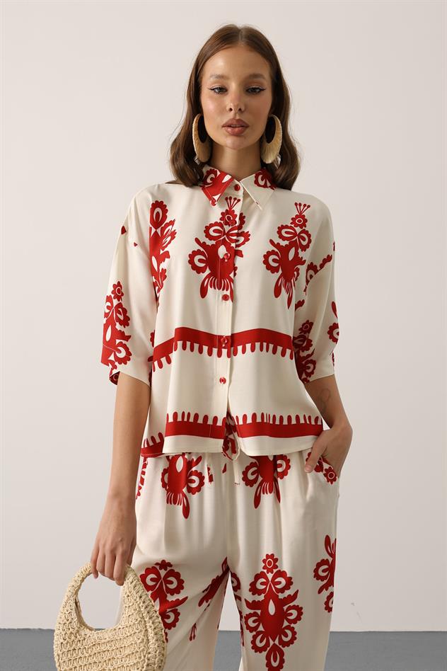 Desenli Kısa Kol Gömlekli Takım - Bordo