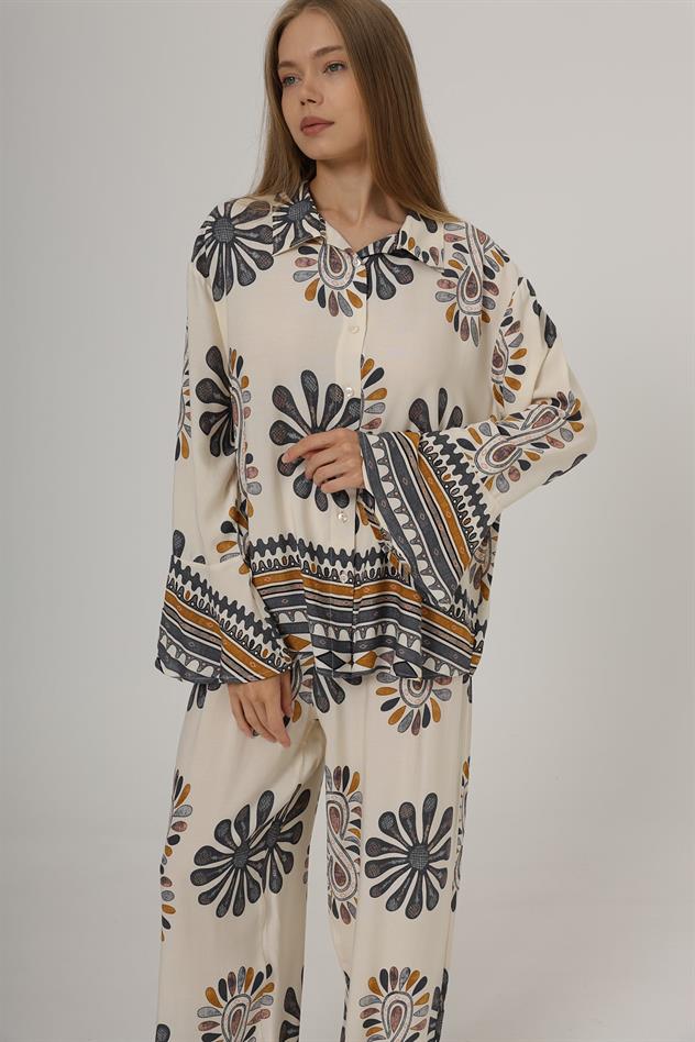 Desenli Kolları Volanlı Pantolon Takım - Antrasit