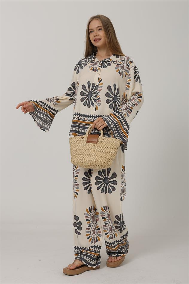 Desenli Kolları Volanlı Pantolon Takım - Antrasit