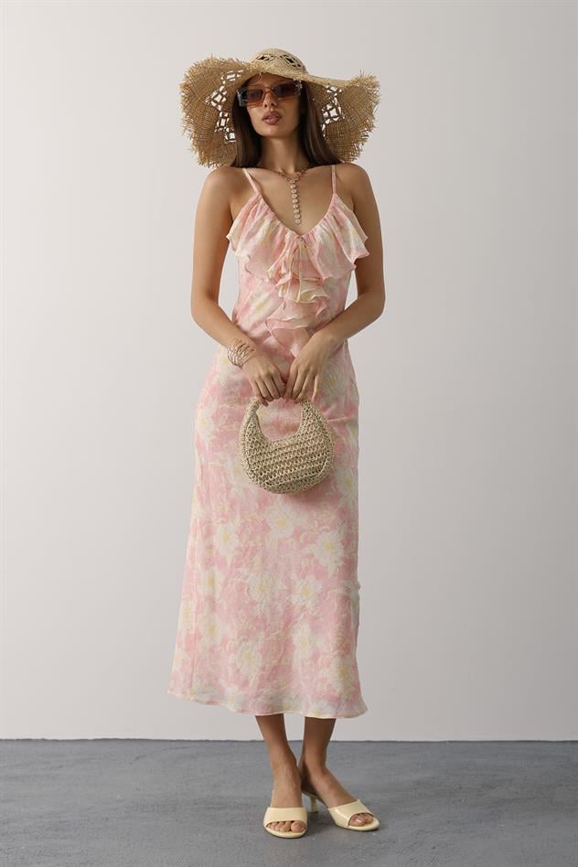 DESENLİ YAKASI VOLANLI ASKILI ELBİSE - Pembe