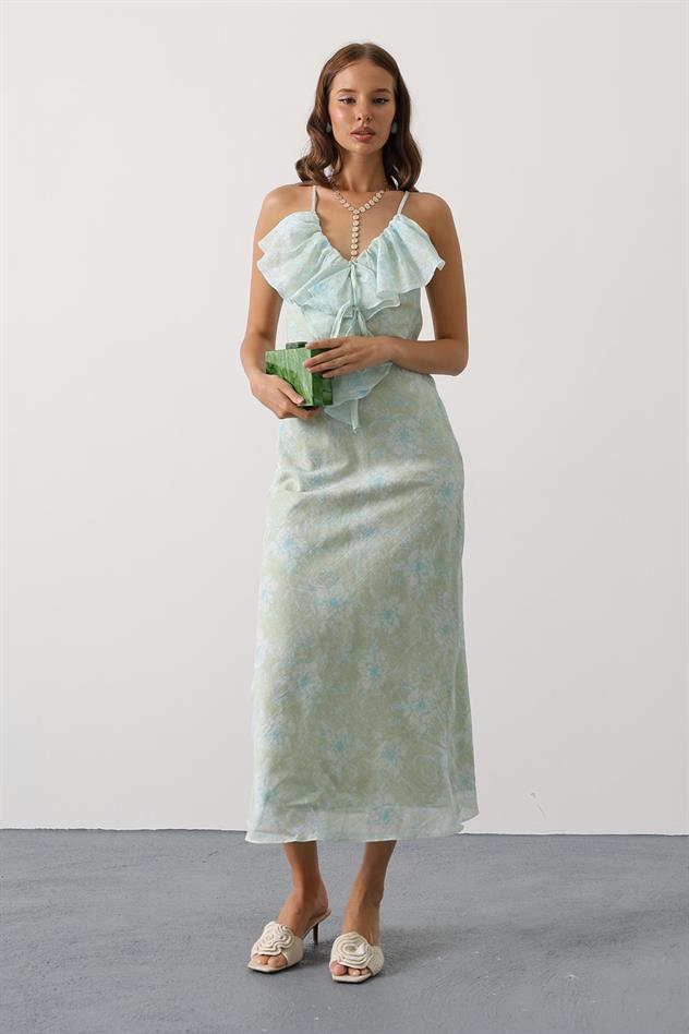 DESENLİ YAKASI VOLANLI ASKILI ELBİSE - Yeşil