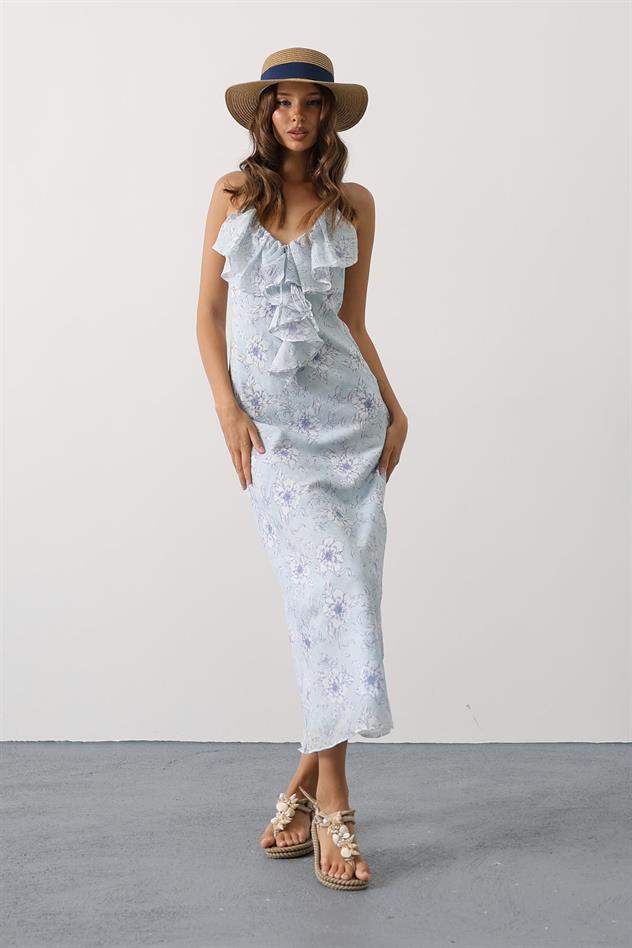 DESENLİ YAKASI VOLANLI ASKILI ELBİSE - Mavi