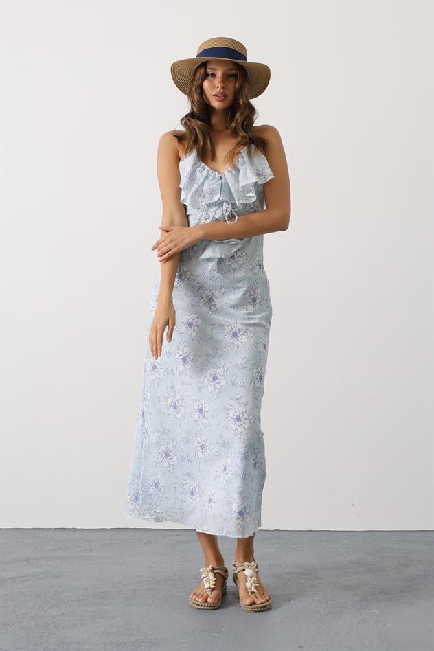 DESENLİ YAKASI VOLANLI ASKILI ELBİSE - Mavi