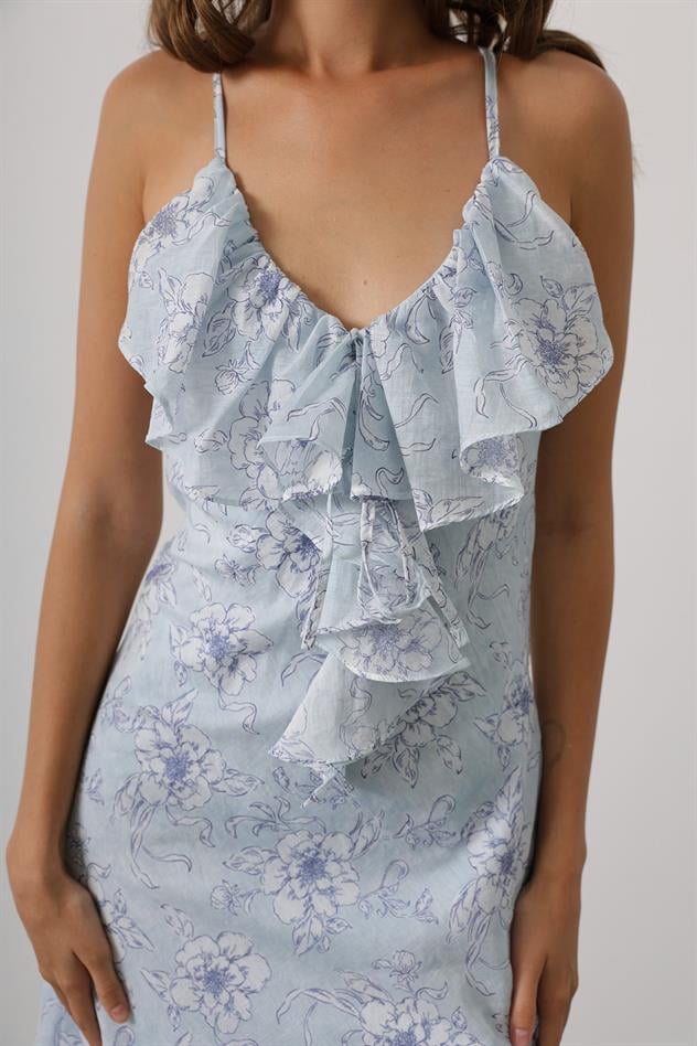 DESENLİ YAKASI VOLANLI ASKILI ELBİSE - Mavi