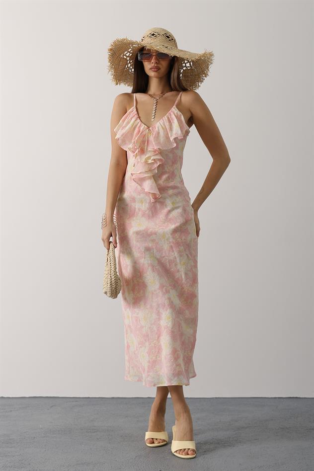 DESENLİ YAKASI VOLANLI ASKILI ELBİSE - Pembe