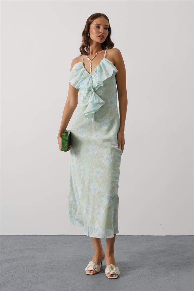 DESENLİ YAKASI VOLANLI ASKILI ELBİSE - Yeşil