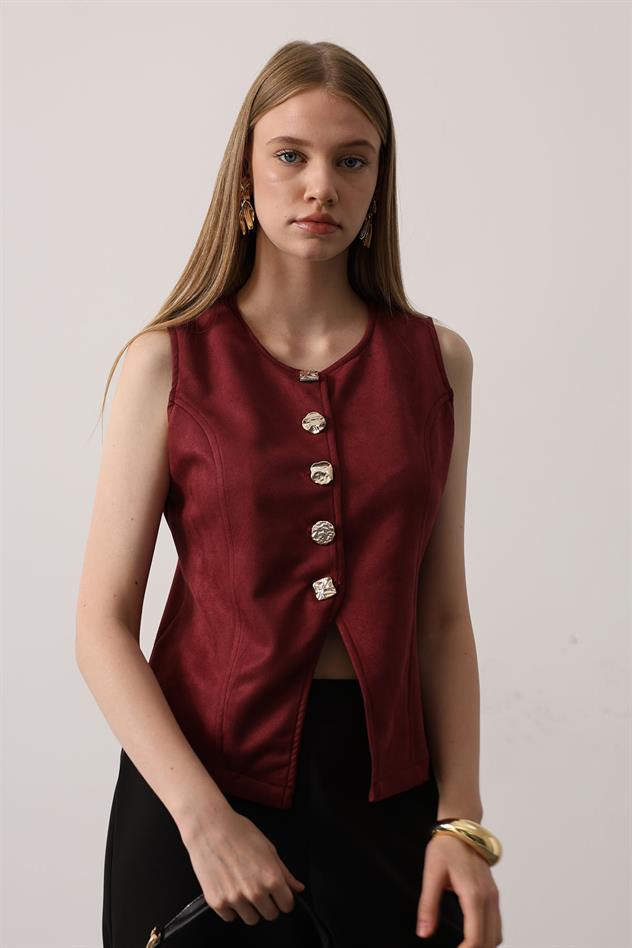 düğme detaylı yelek - Vişne