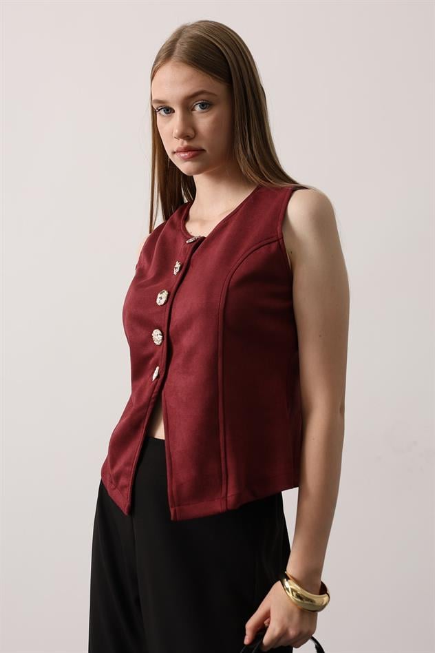 düğme detaylı yelek - Vişne