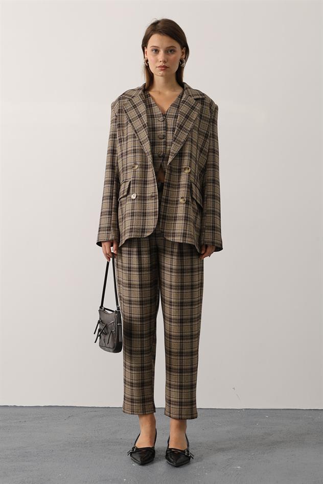 EKOSE DESEN OVERSİZE BLAZER CEKET - Kahve-Bej