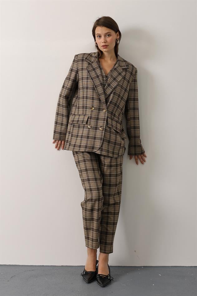 EKOSE DESEN OVERSİZE BLAZER CEKET - Kahve-Bej