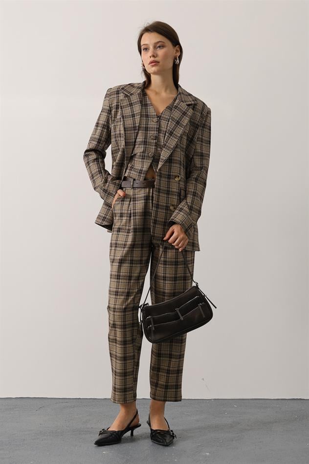 EKOSE DESEN OVERSİZE BLAZER CEKET - Kahve-Bej