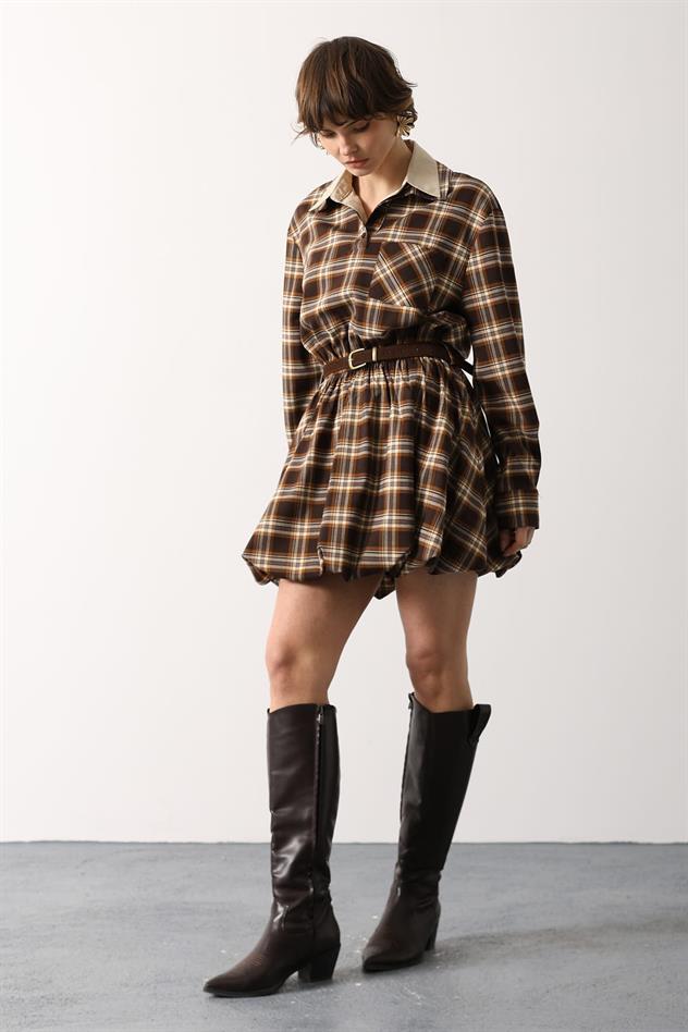 EKOSE DESENLİ ELBİSE - KAHVE-TABA