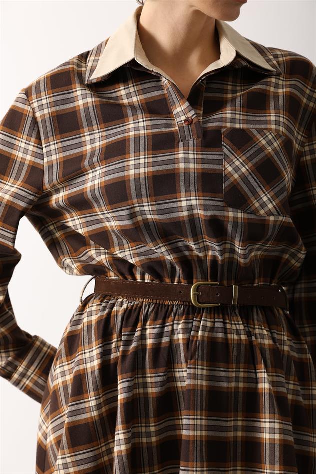 EKOSE DESENLİ ELBİSE - KAHVE-TABA