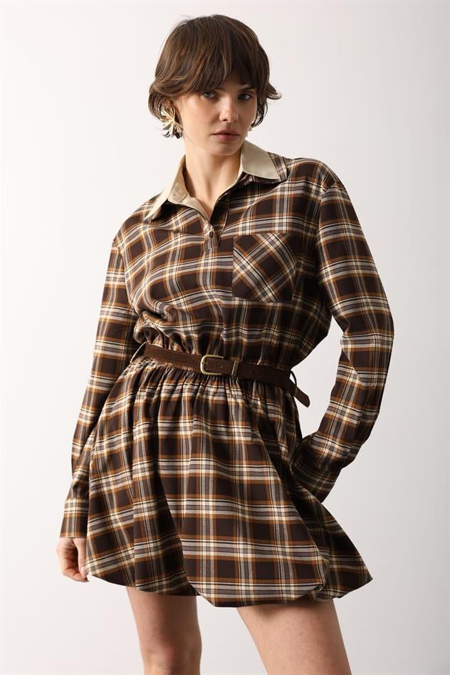 EKOSE DESENLİ ELBİSE - KAHVE-TABA