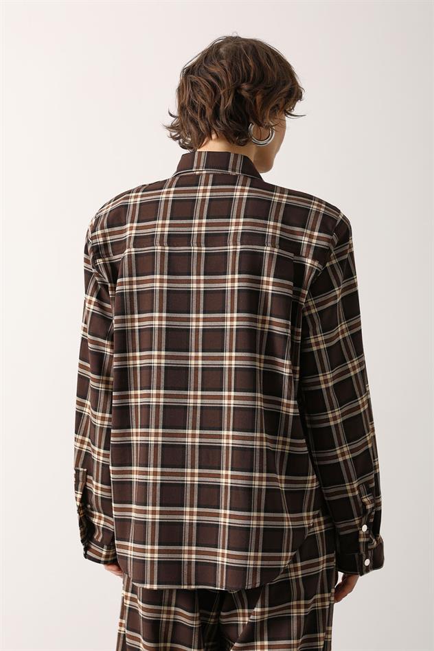EKOSELİ ÇITÇITLI ÖNÜ CEPLİ GÖMLEK - Kahve-Siyah